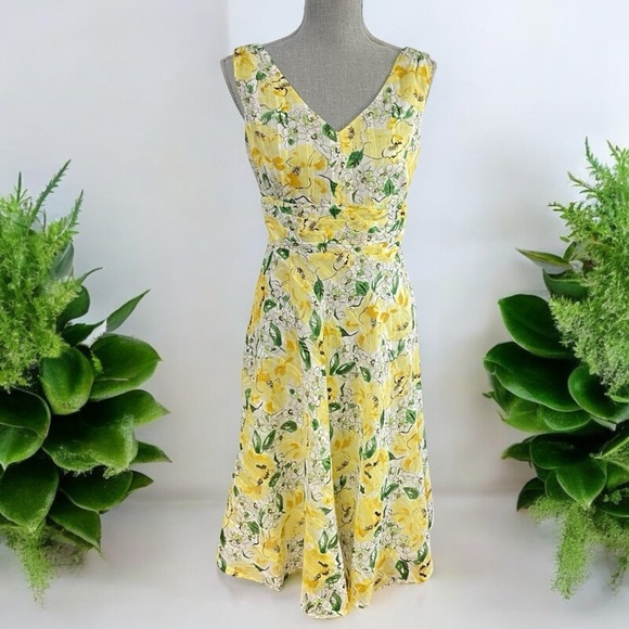 Vintage 90s Y2K Robbie Bee Yellow Floral A-Line Dress 8P - Picture 1 of 13
